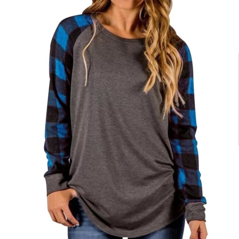 Soft Raglan Checkered Long Sleeve Top